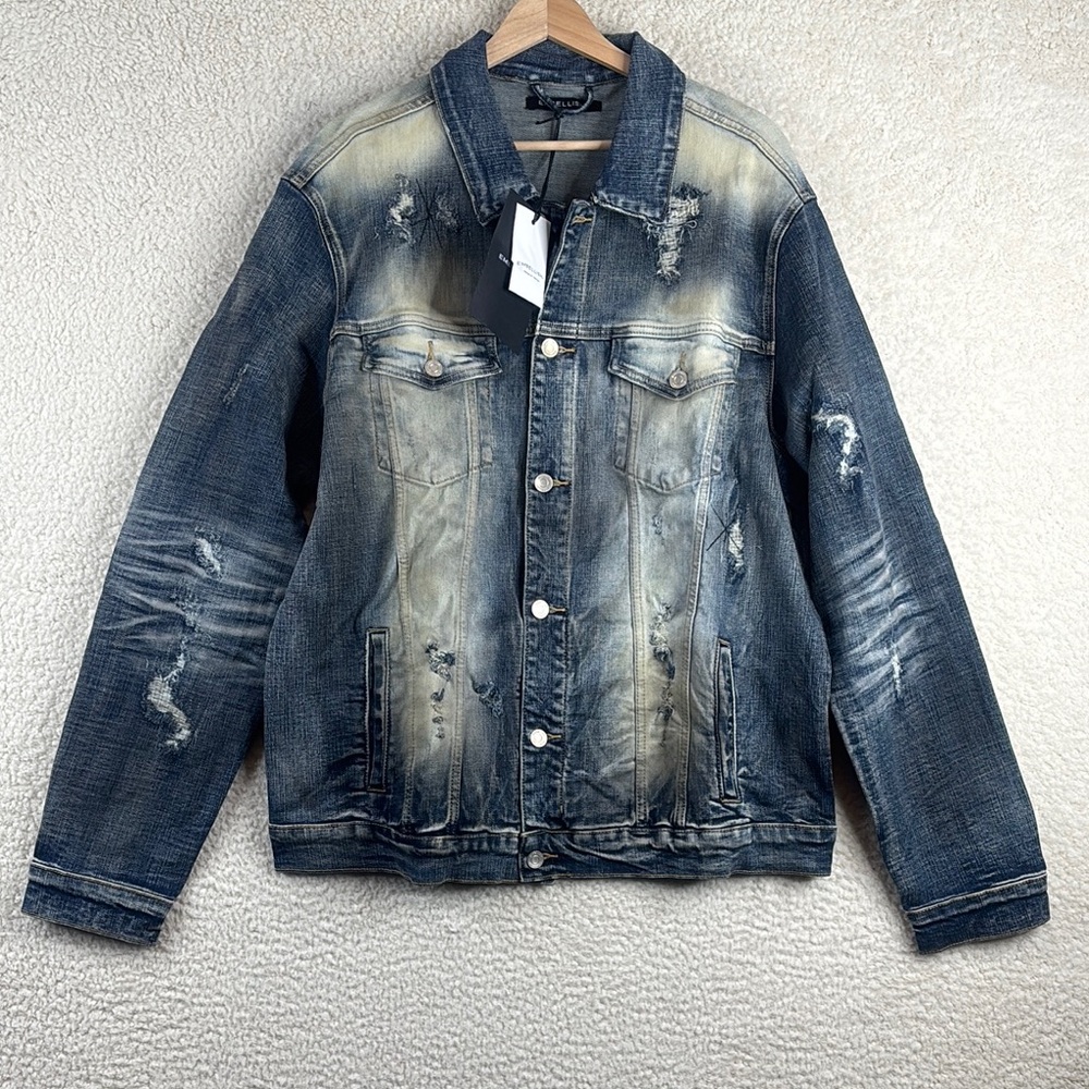 NWT Embellish Mens Blue Denim Distressed Faded Wash Button Jean Jacket XXL/2XL